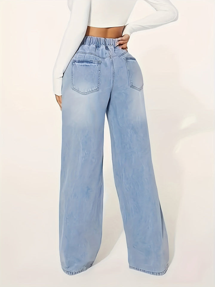 ELISOR | Solid Washed Blue Casual Jeans with Elastic Waist