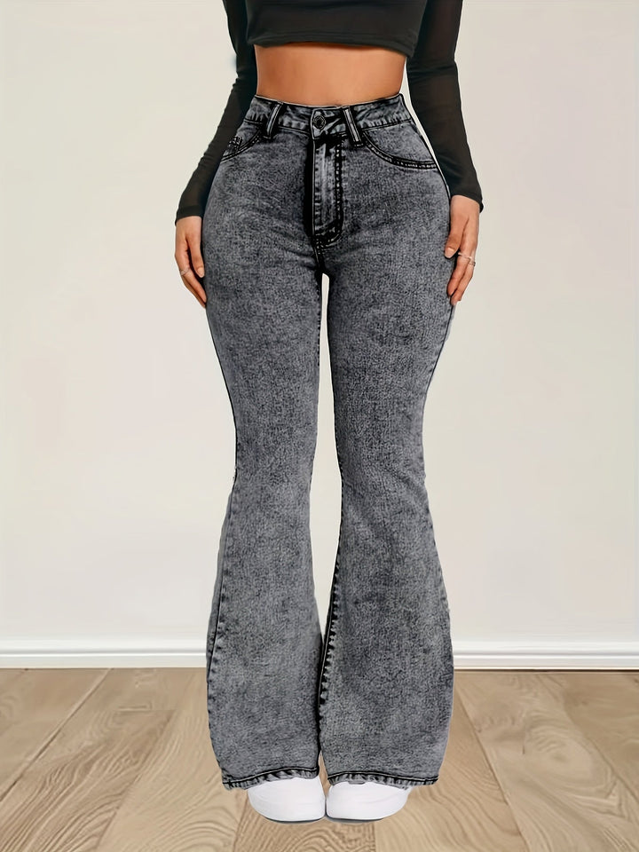 ELINIA | Gray Stretch Denim Flare Jeans with High Waist and Button Closure