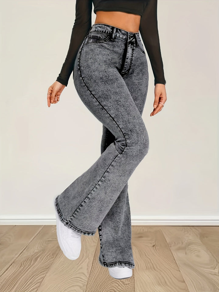 ELINIA | Gray Stretch Denim Flare Jeans with High Waist and Button Closure