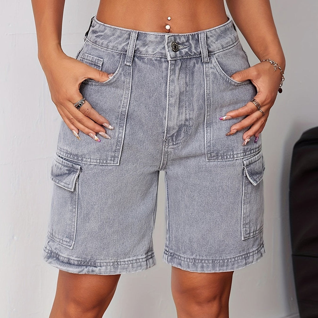 EVINNA | Fashionable Gray Denim Cargo Shorts with High Waist