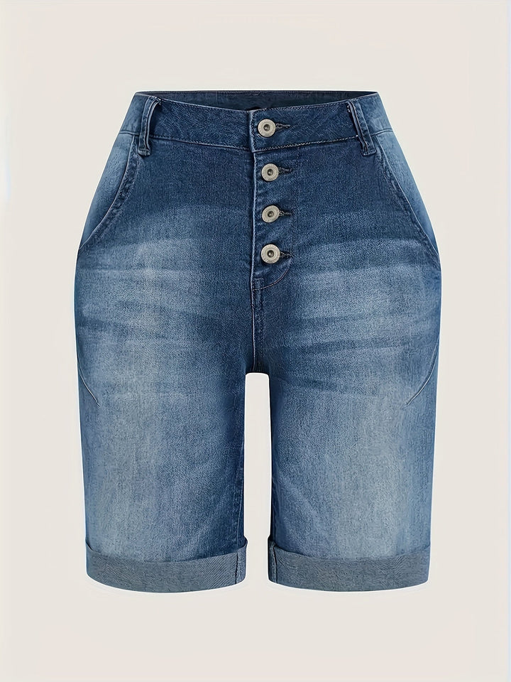 DEMIRA | Blue Washed Denim Shorts with High Waist and Rolled Hem