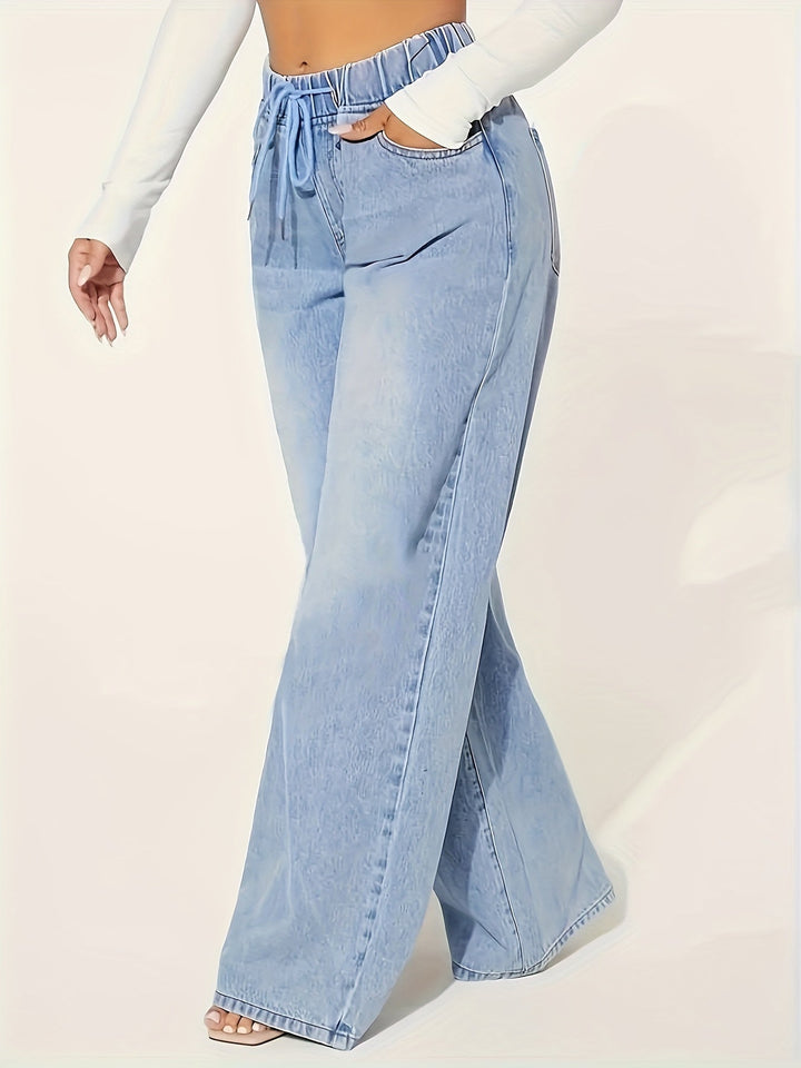 ELISOR | Solid Washed Blue Casual Jeans with Elastic Waist