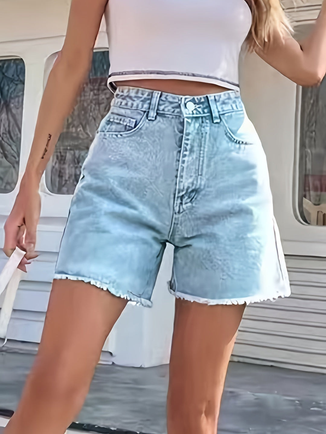 LOVELLA | Washed Denim Shorts with Frayed Hem and Loose Fit