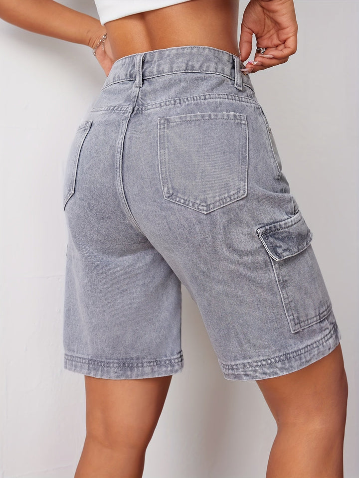 EVINNA | Fashionable Gray Denim Cargo Shorts with High Waist