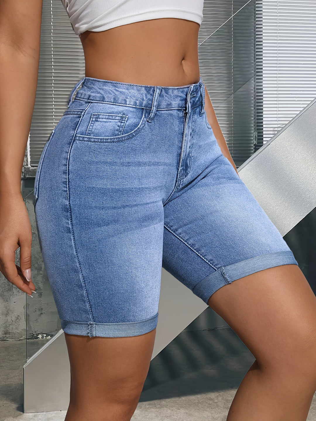 SOPHRIA | High-Waist Denim Shorts with Rolled Hem