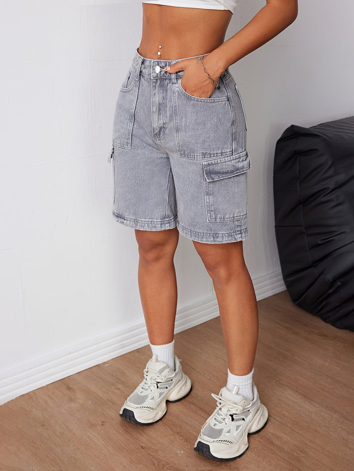 EVINNA | Fashionable Gray Denim Cargo Shorts with High Waist