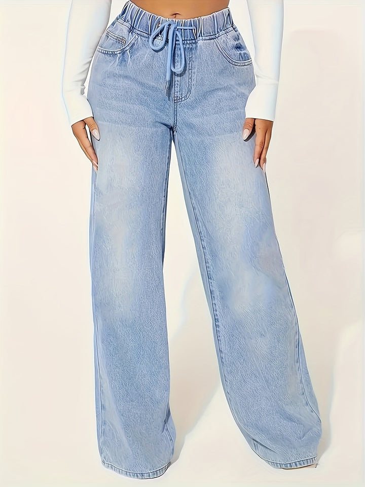 ELISOR | Solid Washed Blue Casual Jeans with Elastic Waist