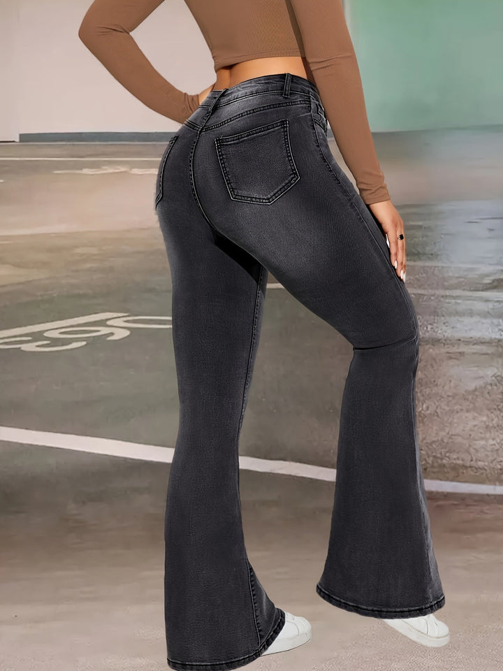 ELNORA | Stylish Black-Gray Stretch Flared Jeans with Button Detail