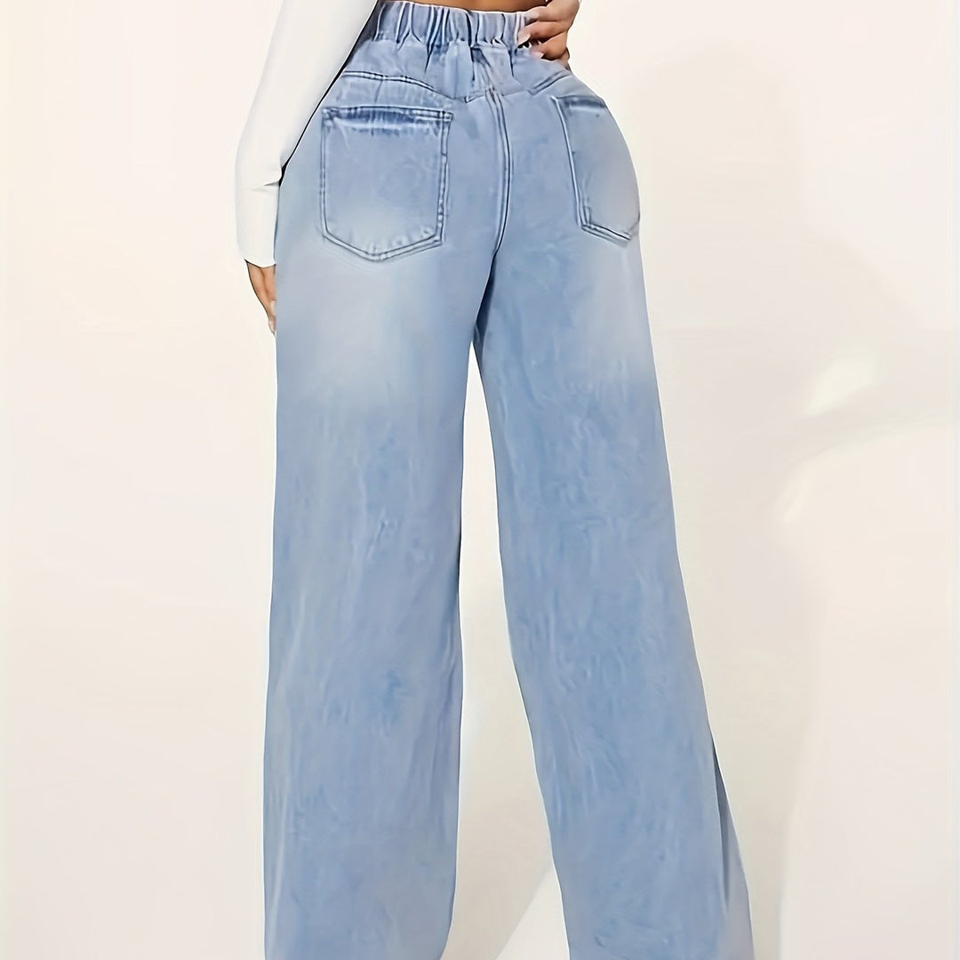 ELISOR | Solid Washed Blue Casual Jeans with Elastic Waist