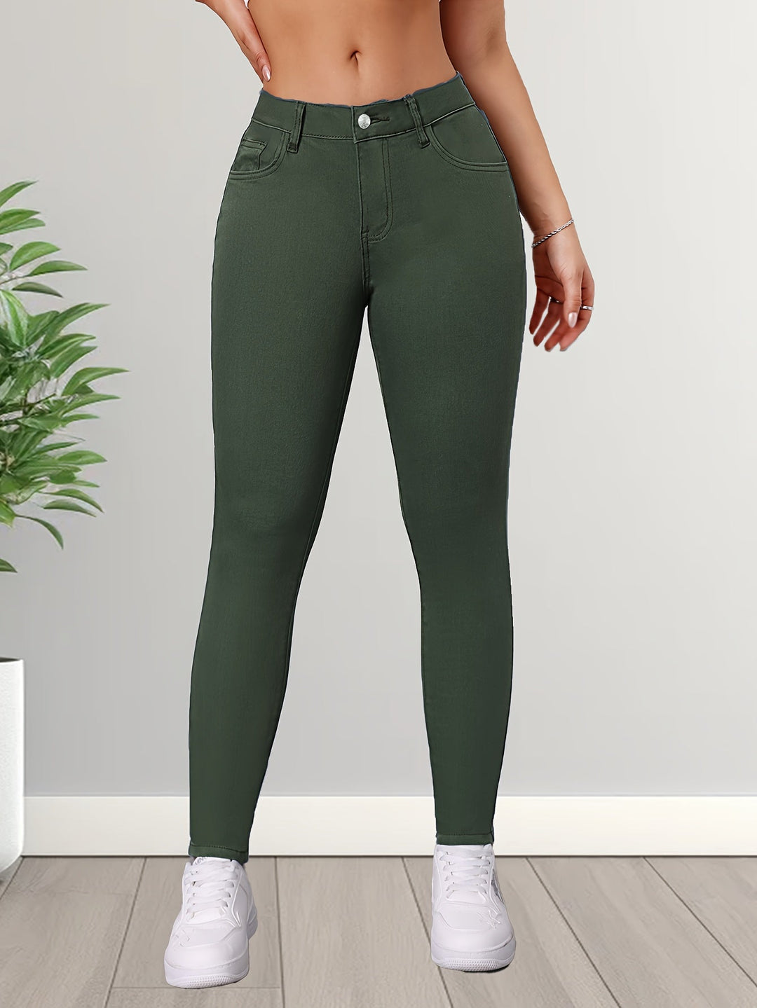 FELINA | Elegant Army Green Stretch Skinny Jeans with High Waist