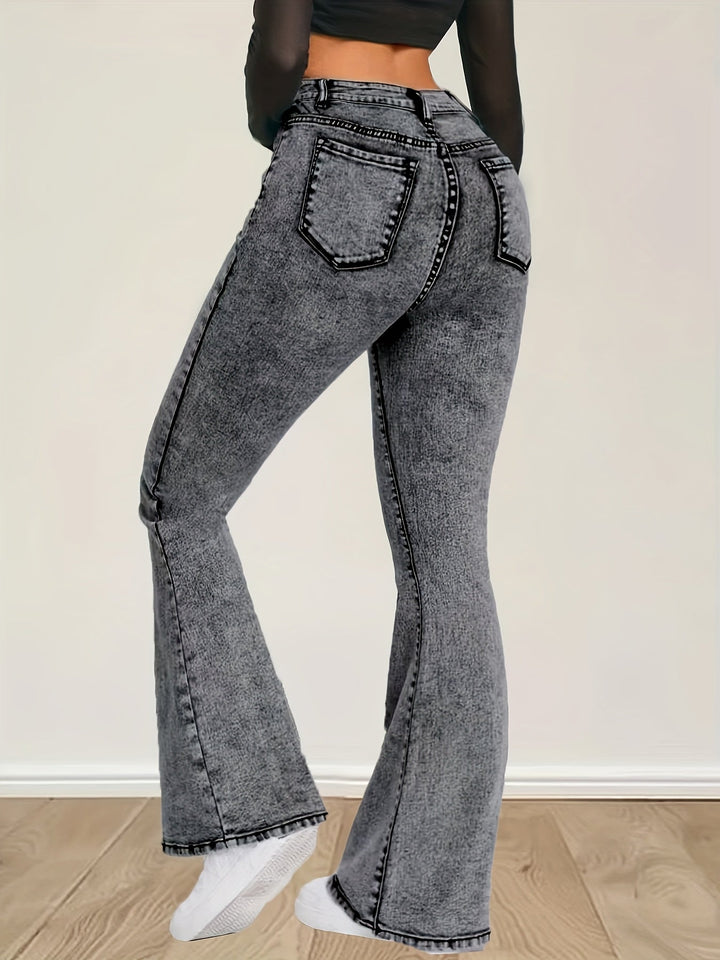 ELINIA | Gray Stretch Denim Flare Jeans with High Waist and Button Closure