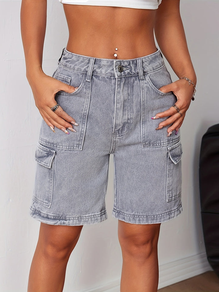 EVINNA | Fashionable Gray Denim Cargo Shorts with High Waist