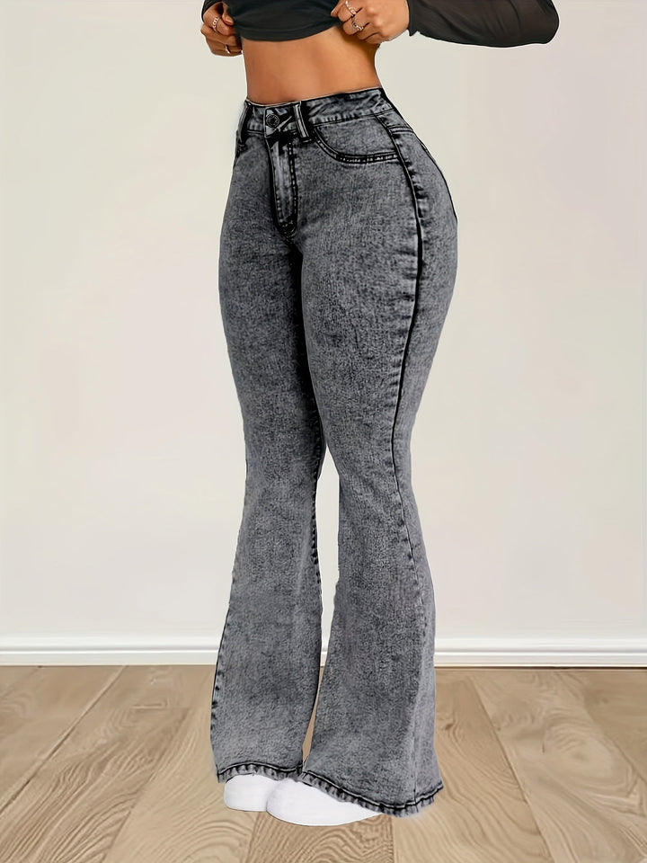 ELINIA | Gray Stretch Denim Flare Jeans with High Waist and Button Closure