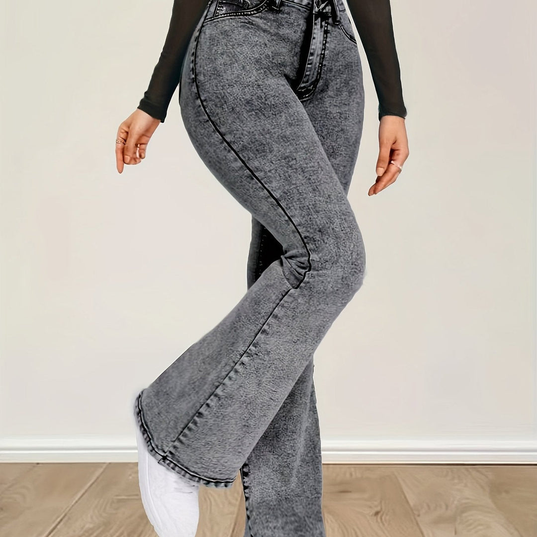 ELINIA | Gray Stretch Denim Flare Jeans with High Waist and Button Closure