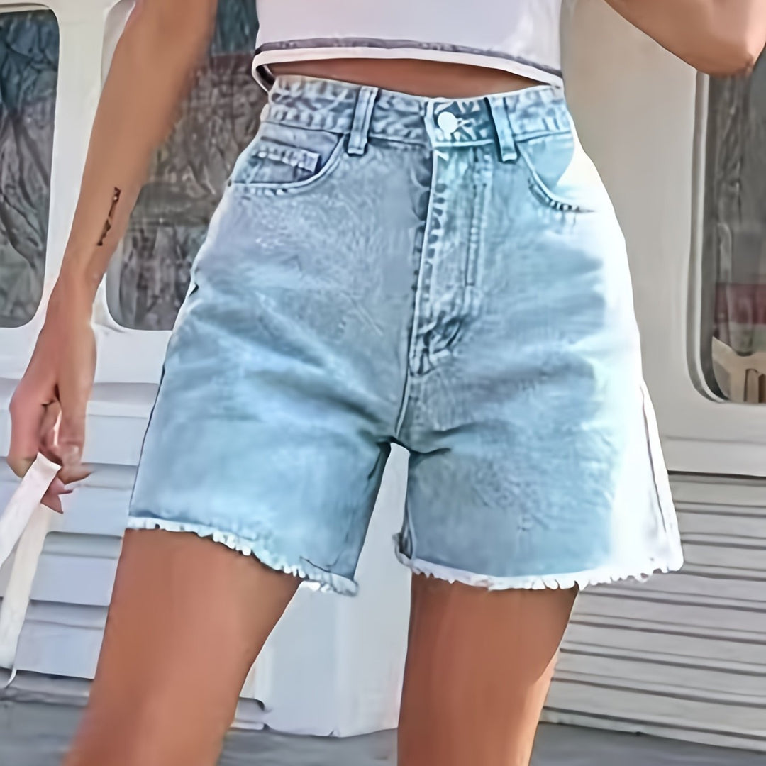 LOVELLA | Washed Denim Shorts with Frayed Hem and Loose Fit